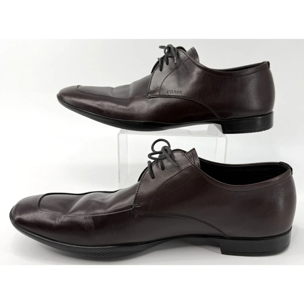 Prada Dress Shoes Men 8 Burgundy Oxblood Leather Square Toe Derby Italy